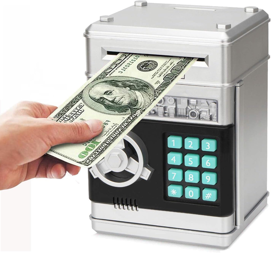 Electronic Piggy Bank – Mini ATM Password Money Bank for Kids, Cash &amp; Coin Saving Box, Cartoon Safe Toy (Silvery)