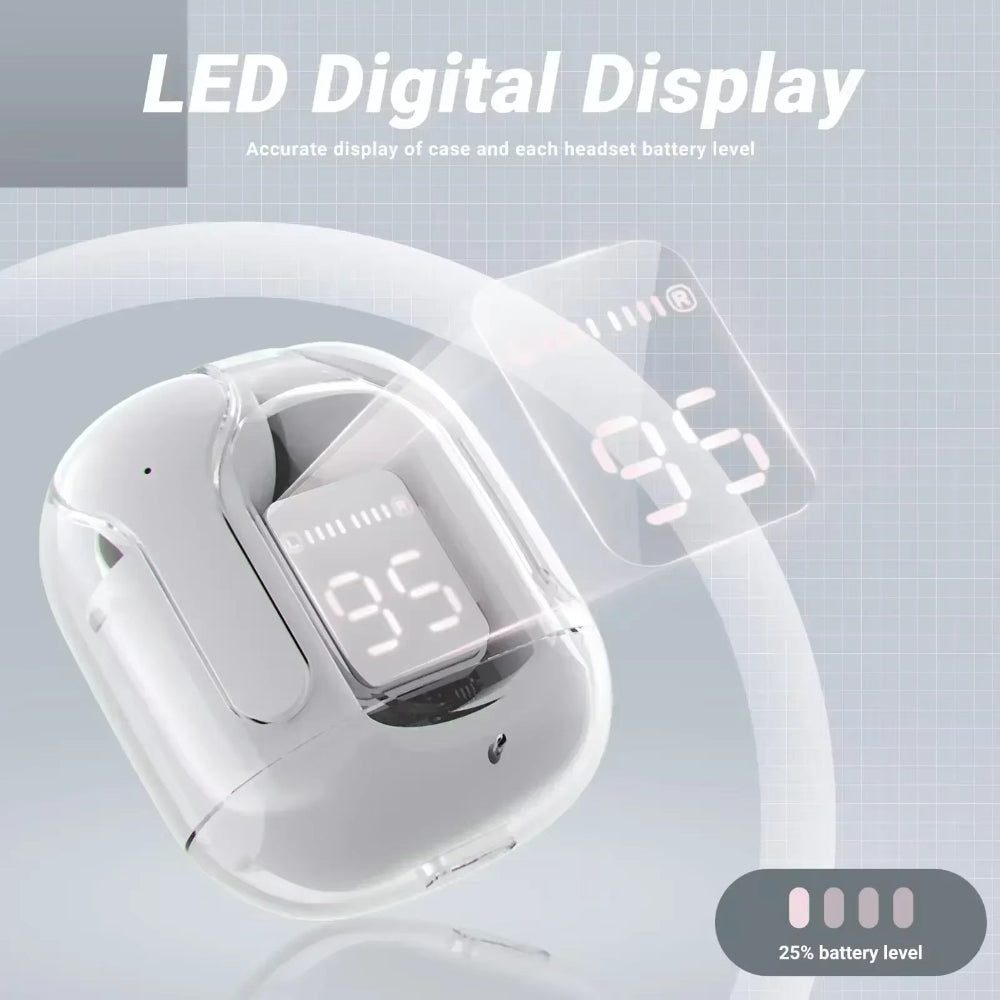 CrystalBeats BT30: Transparent TWS Bluetooth 5.3 Earbuds with Digital Display &amp; Noise Canceling