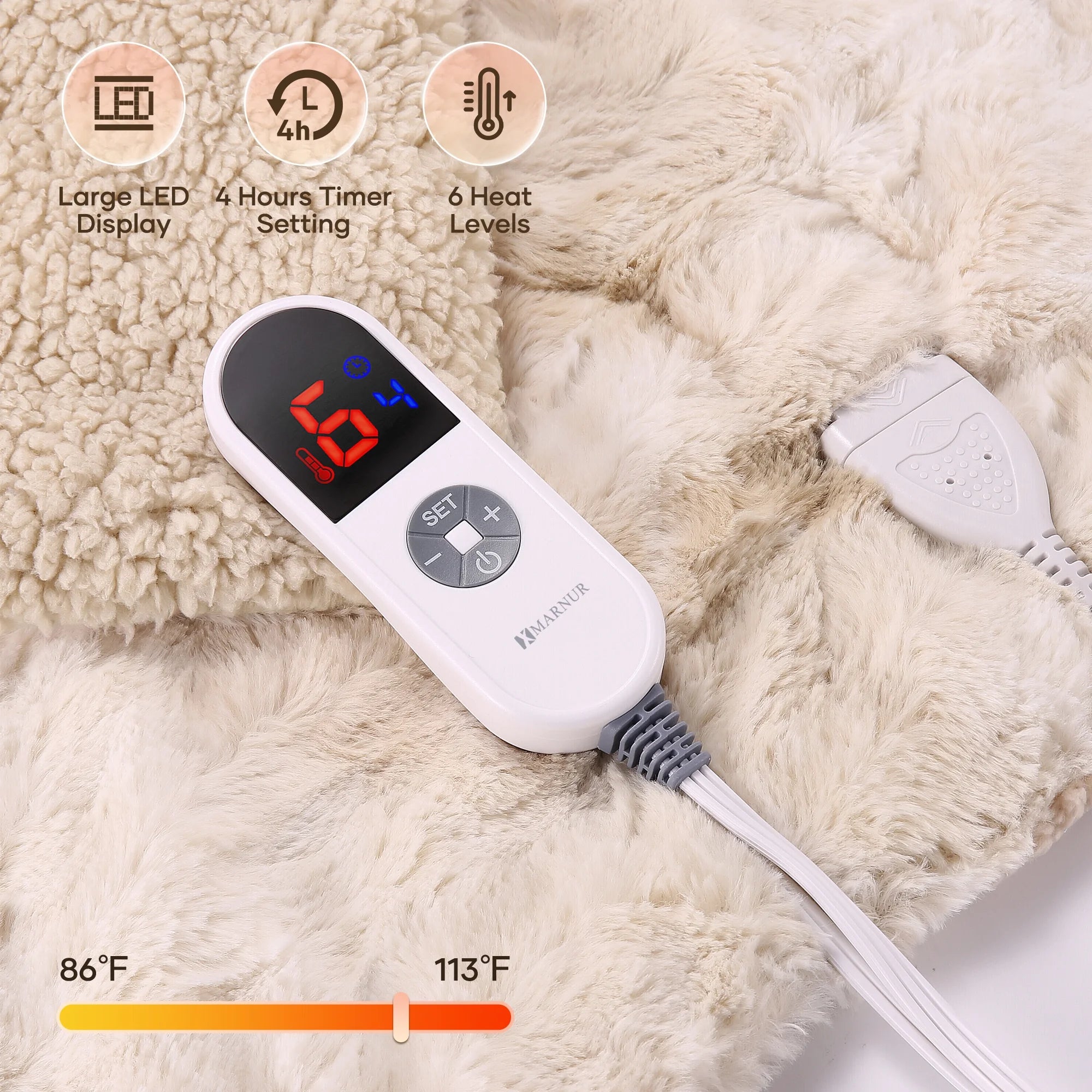 Electric Throw Blanket 50&quot; x 60&quot; – Soft Faux Fur Heated Blanket with Large LED Display, 6 Heat Settings &amp; 4-Hour Timer | Tie-Dye Off White
