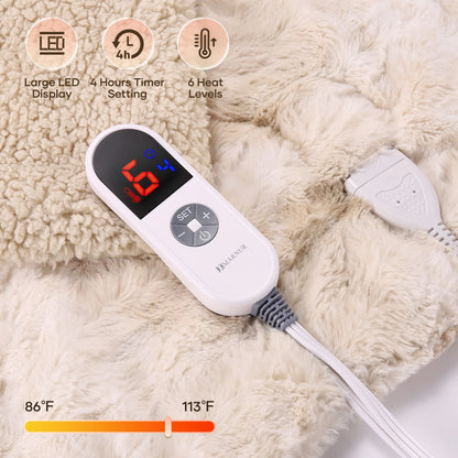 Electric Throw Blanket 50&quot; x 60&quot; – Soft Faux Fur Heated Blanket with Large LED Display, 6 Heat Settings &amp; 4-Hour Timer | Tie-Dye Off White