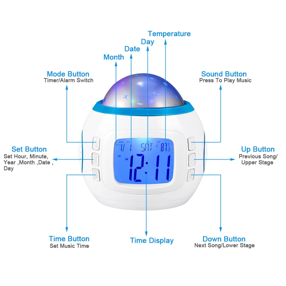 Starry Nightlight Alarm Clock for Kids – Digital Star Projection Clock with Sunrise Simulation, Music, Thermometer, Calendar &amp; Backlight (White)