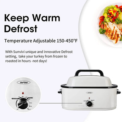 26 Quart Electric Turkey Roaster Oven — Stainless Steel with Visible &amp; Self-Basting Lid, White