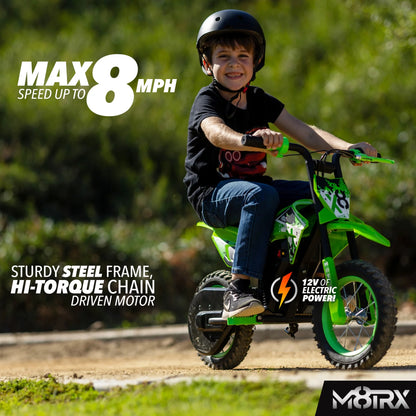 12V Mini Electric Dirt Bike for Kids – Battery-Powered Ride-On Motorcycle, Ages 5+ | Green