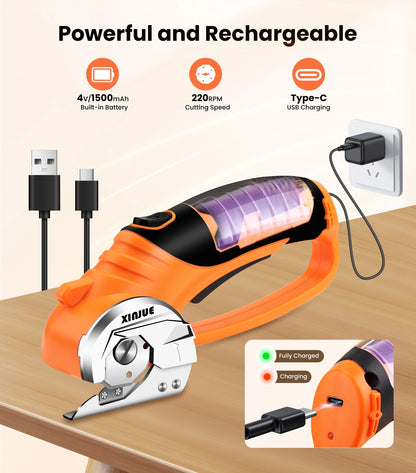 Cordless Electric Scissors — Heavy-Duty 4V Rechargeable Rotary Cutter with Safety Lock &amp; LED Light