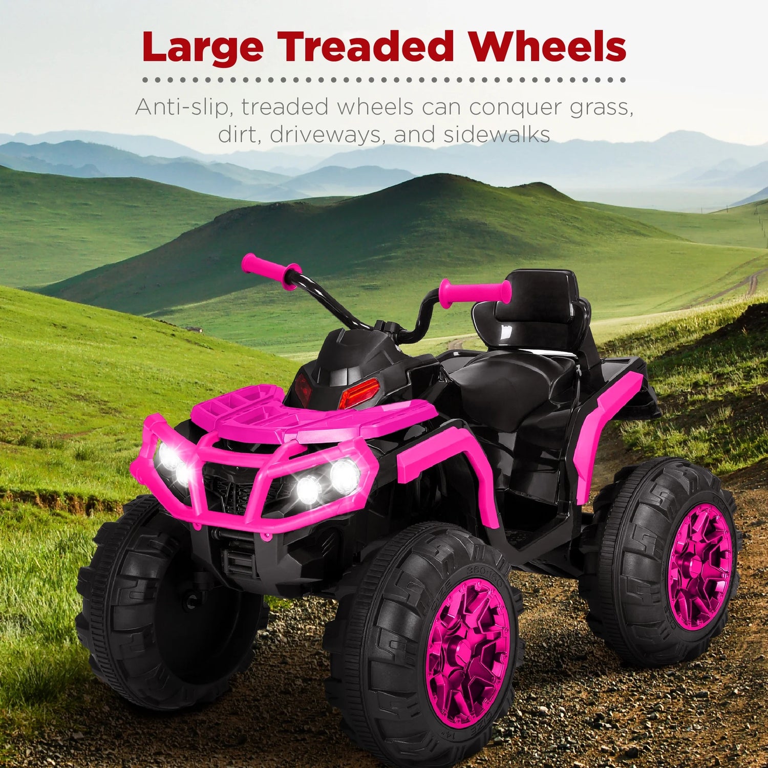 🚙 12V Kids Ride-On ATV Quad with Bluetooth, LED Lights, Treaded Tires &amp; Radio – Hot Pink