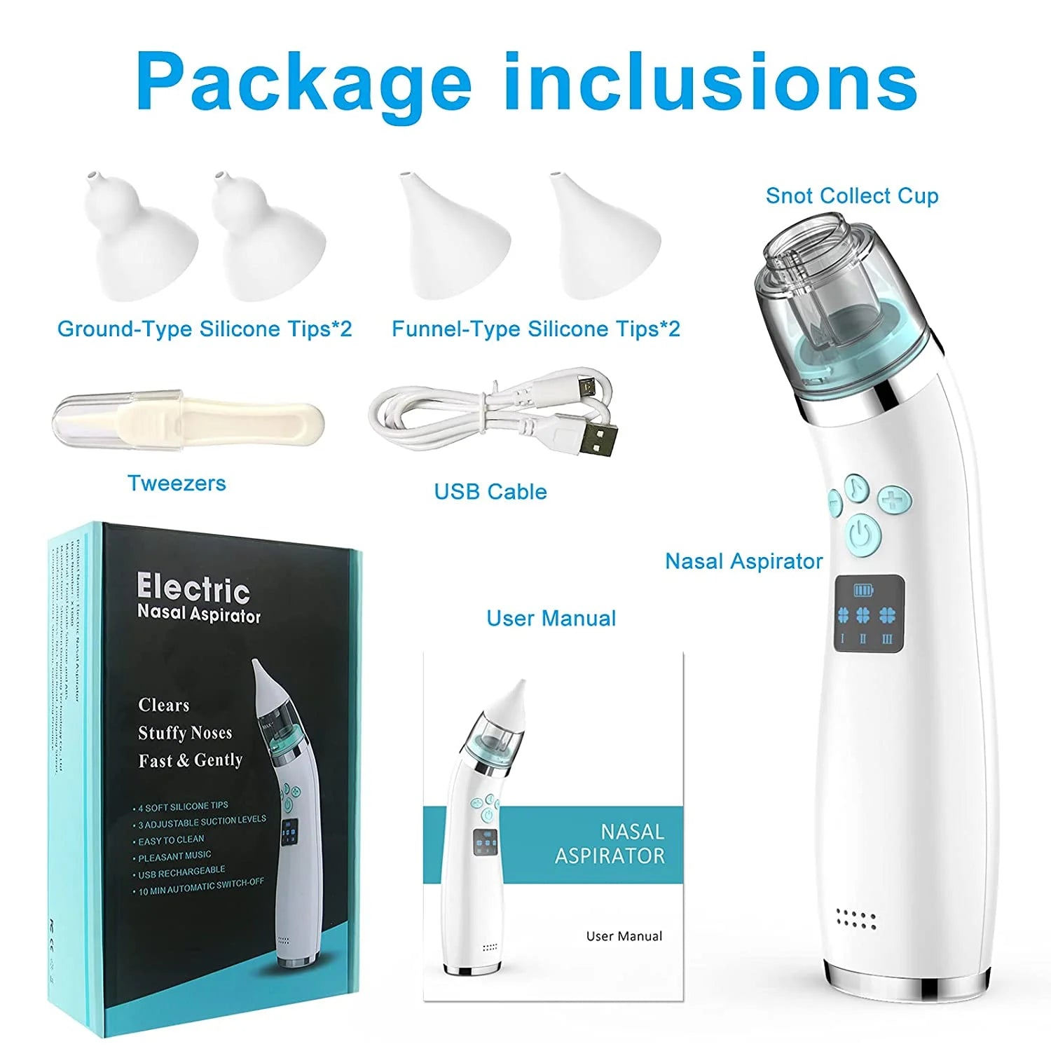 Electric Baby Nasal Aspirator with Music – Automatic Infant Nose Cleaner with 4 Replacement Nozzles, 3 Adjustable Suction Levels &amp; USB Rechargeable