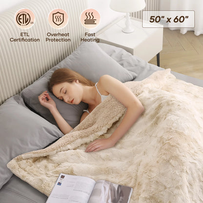 Electric Throw Blanket 50&quot; x 60&quot; – Soft Faux Fur Heated Blanket with Large LED Display, 6 Heat Settings &amp; 4-Hour Timer | Tie-Dye Off White