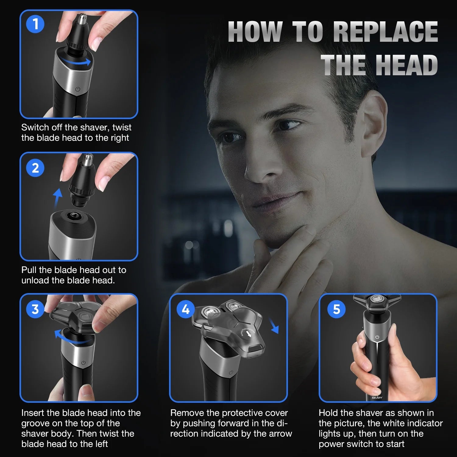 5-in-1 Multi-Function Rechargeable Electric Shaver for Men – Hair Trimmer, Ear &amp; Nose Hair Trimmer, Wet/Dry Use, Cordless, Gray