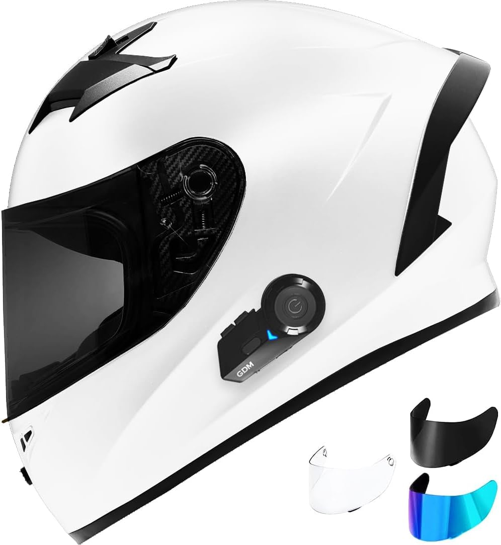 Bluetooth Motorcycle Helmet – White Modular Full-Face with Clear, Tinted &amp; Iridium Shields, DOT/ECE Certified, Flip-Up &amp; Integrated Bluetooth
