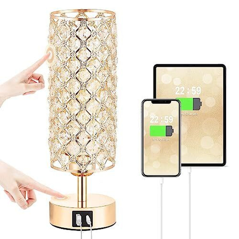 Crystal Table Lamp for Bedroom with USB-C, USB-A, and USB-C+A Charging Ports | Elegant Gold Finish