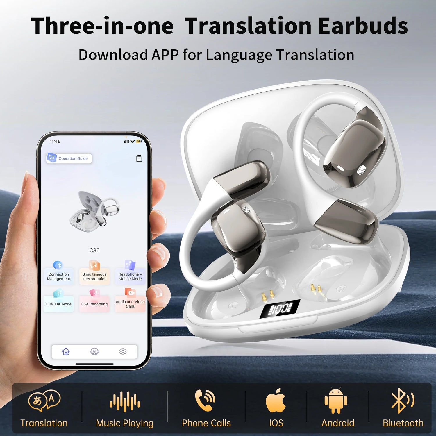 🎧 AI Translation Earbuds Real-Time – Wireless Bluetooth Headphones, 144 Languages Two-Way Translator, iOS &amp; Android Compatible, for Travel, Business, Learning &amp; Sports