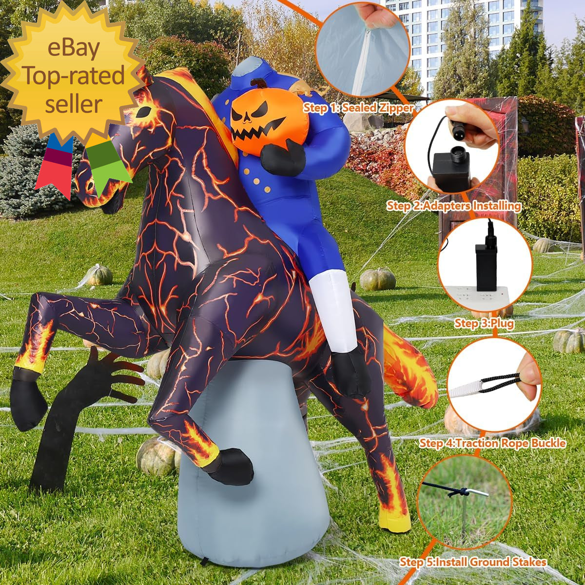 🎃💨 6FT Long Halloween Inflatable Headless Horseman – Spooky Outdoor Blow-Up Decoration with LED Lights for Yard, Lawn, or Garden Display
