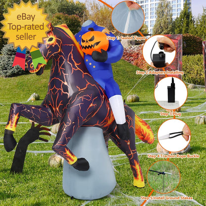 🎃💨 6FT Long Halloween Inflatable Headless Horseman – Spooky Outdoor Blow-Up Decoration with LED Lights for Yard, Lawn, or Garden Display