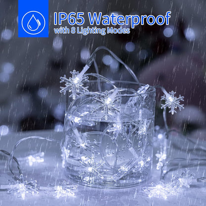 Solar Christmas Snowflake String Lights – 100 LED, 39 Feet, Outdoor Waterproof Fairy Lights with 8 Lighting Modes, Pure White