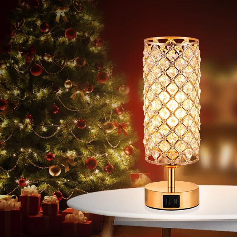 Crystal Table Lamp for Bedroom with USB-C, USB-A, and USB-C+A Charging Ports | Elegant Gold Finish