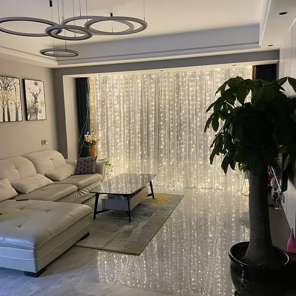Window Curtain String Lights – 300 LED USB Powered Fairy Curtain Lights for Bedroom, Christmas, Wedding, Indoor &amp; Outdoor Décor (White)