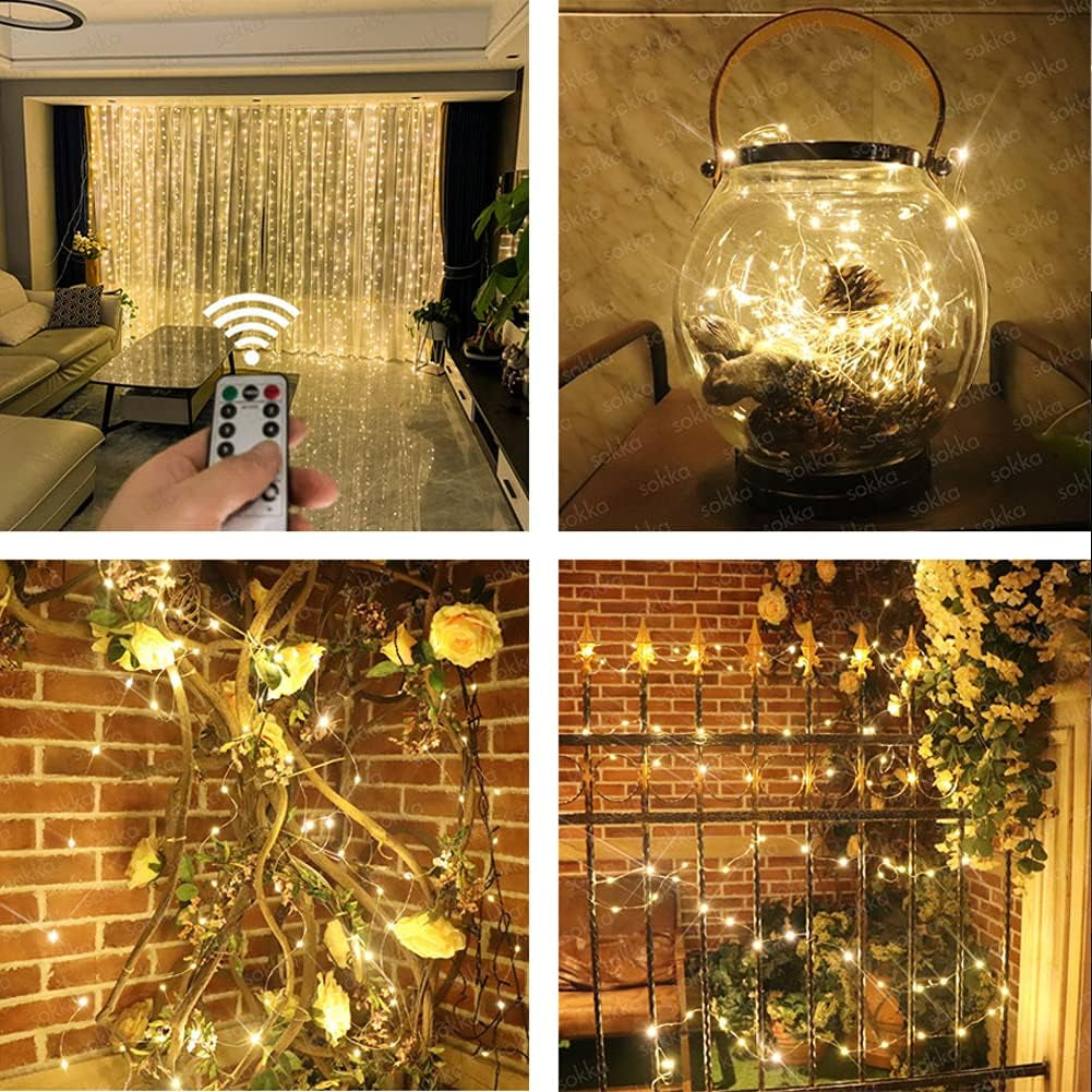 Window Curtain String Lights – 300 LED USB Powered Fairy Curtain Lights for Bedroom, Christmas, Wedding, Indoor &amp; Outdoor Décor (White)