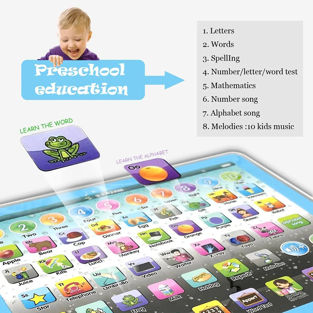 Learning Tablet for Kids Ages 2–5 – Interactive Educational Electronic Toy with ABC, Numbers, Words, Games &amp; Music