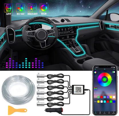 Interior Car LED Strip Lights – 6-in-1 RGB Ambient Lighting Kit with 315&quot; Fiber Optic, Bluetooth APP Control &amp; Music Sync