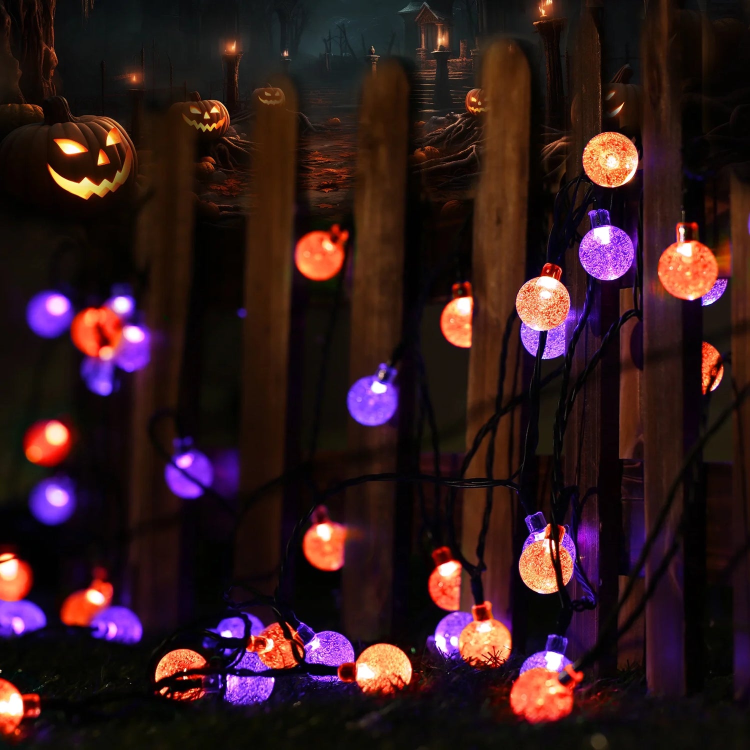 Solar Halloween String Lights – 35.6Ft 60 LED Orange &amp; Purple Globe Lights with 8 Modes, Waterproof Outdoor Lights for Patio, Garden, Yard, Porch &amp; Halloween Decor