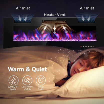 72&quot; Electric Fireplace – Wall Mounted &amp; Recessed, 3.19&quot; Ultra-Thin Linear Heater with Remote, Touch Screen, 750/1500W, Low Noise, Timer