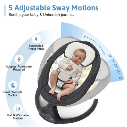 🍼 Electric Baby Swing with Bluetooth Music – 5 Sway Modes, 3 Timers, Black Infant Bouncer Rocker