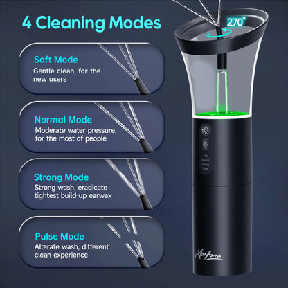 Morfone Electric Ear Cleaning Kit – Safe, Smart &amp; Effective Earwax Removal with One-Piece Dual Tank, Water Temperature Sensor, 4 Cleaning Modes &amp; IPX6 Waterproof