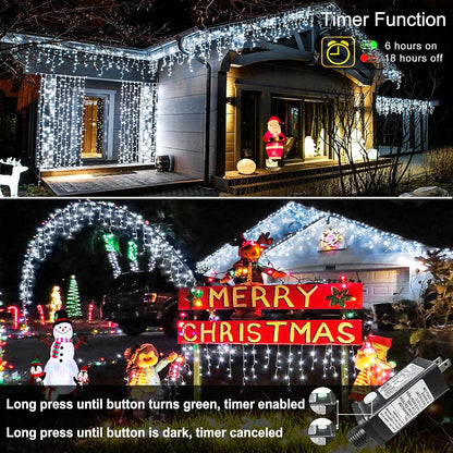 66Ft 640 LED White Icicle Christmas Lights – Waterproof Outdoor/Indoor Holiday Lights with 8 Modes &amp; Timer – Plug-In Connectable for House, Roof, Yard, Eaves &amp; Party Decor