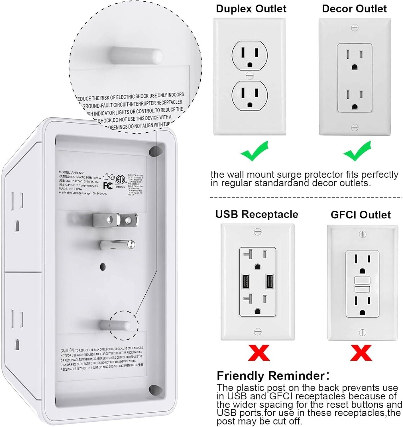USB Wall Charger Surge Protector 6-Outlet Extender with Night Light &amp; 2 USB Ports