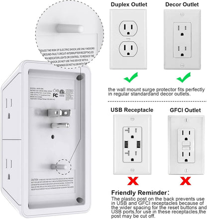 USB Wall Charger Surge Protector 6-Outlet Extender with Night Light &amp; 2 USB Ports