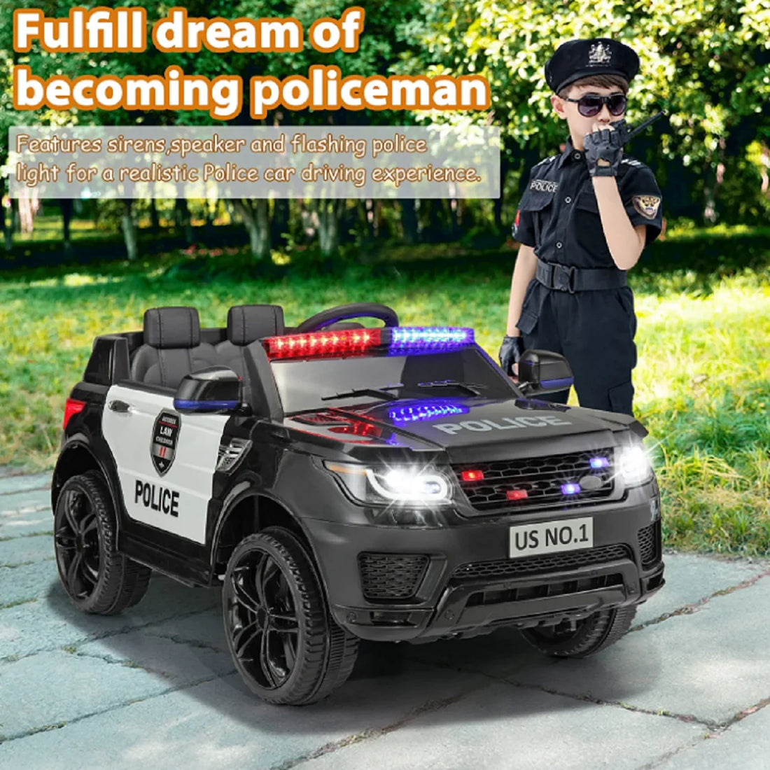 🚓 12V Police Car Ride-On with Remote Control, Real Megaphone, Music, LED Siren &amp; Bluetooth – For Kids Ages 3-8
