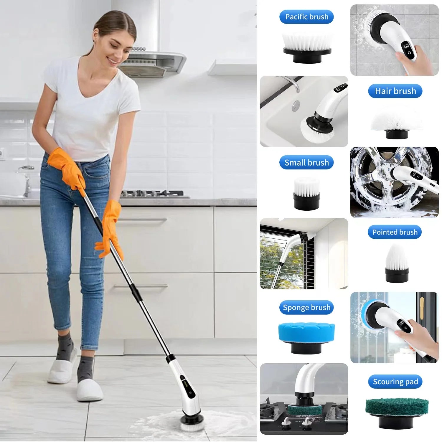 🧼 Electric Spin Scrubber – Cordless Cleaning Brush with 8 Interchangeable Heads &amp; Extendable Handle for Bathroom, Kitchen, Tile, and Floor Cleaning