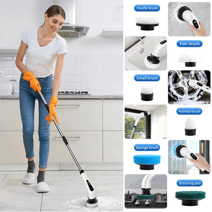 🧼 Electric Spin Scrubber – Cordless Cleaning Brush with 8 Interchangeable Heads &amp; Extendable Handle for Bathroom, Kitchen, Tile, and Floor Cleaning