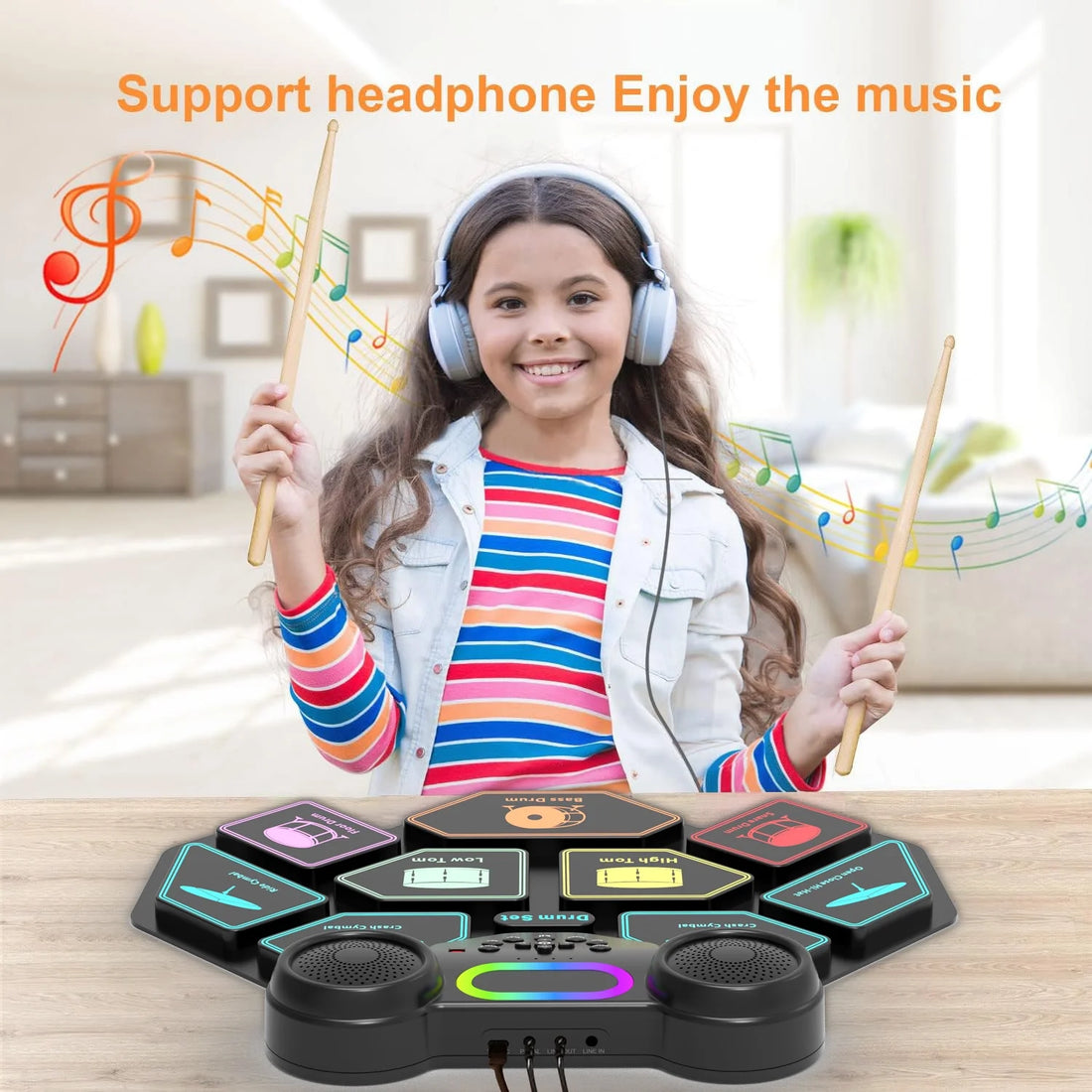 Electronic Drum Set for Kids &amp; Adults – 9-Pad Portable MIDI Roll-Up Drum Kit with Dual Speakers, Headset Jack, Drumsticks &amp; Foot Pedals – Beginner-Friendly