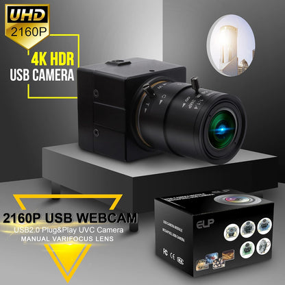 4K Ultra HD USB Camera with 2.8–12mm 4X Varifocal Manual Lens – UVC Compliant USB Webcam for Conference Calls, Live Streaming &amp; OpenCV Support