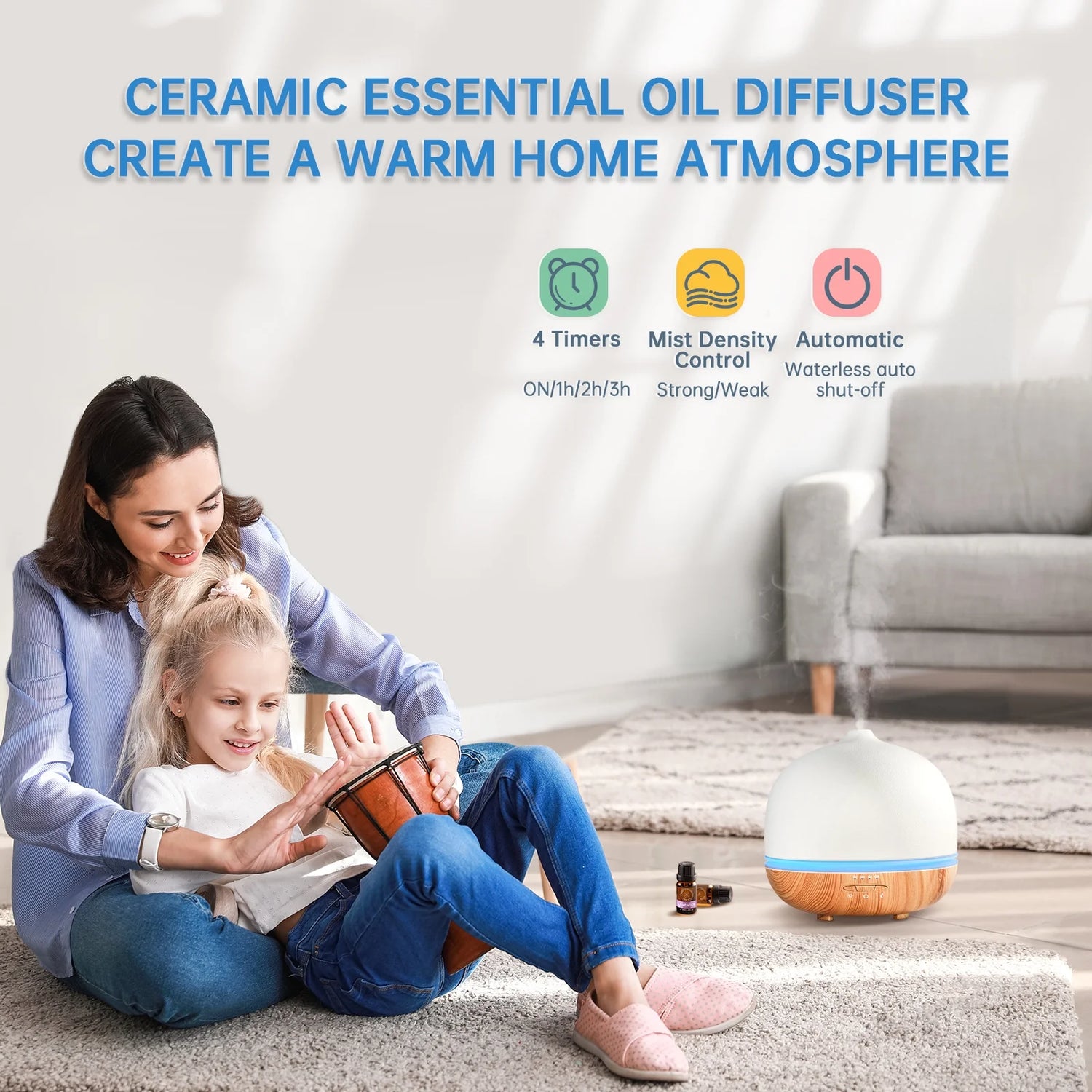 500ml Ceramic Essential Oil Diffuser – Large Room Aromatherapy Cool Mist Humidifier with 10 LED Color Lights &amp; Auto-Off for Home &amp; Office