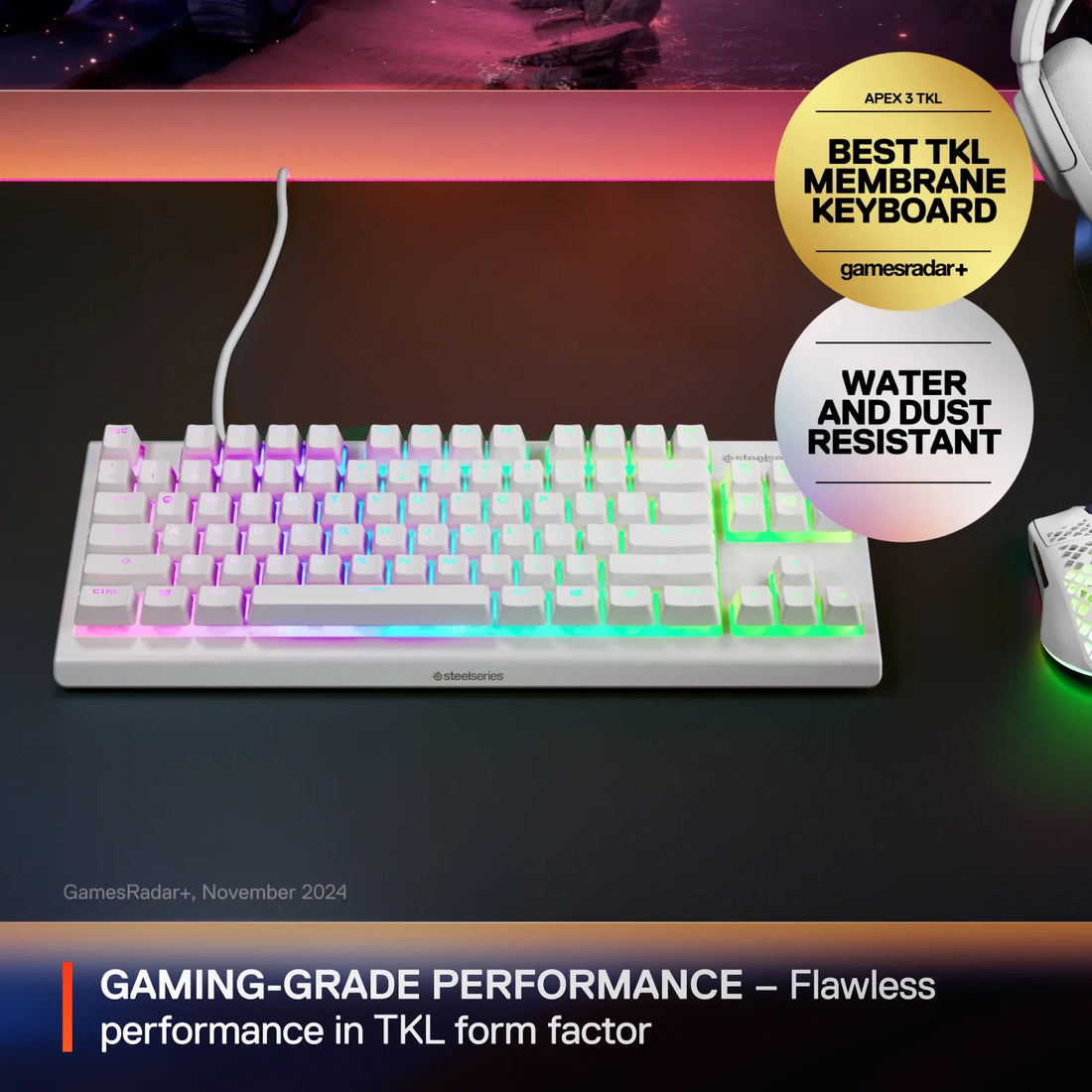 Apex 3 TKL RGB Wired Gaming Keyboard — Water &amp; Dust Resistant, Whisper-Quiet Gaming Switches, White