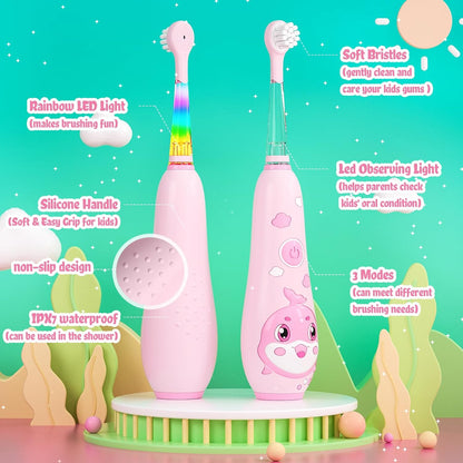Kids Electric Toothbrush Rechargeable with Magnetic Charging – 8 Heads &amp; LED Light for Toddlers &amp; Kids Ages 2-6 (Pink)
