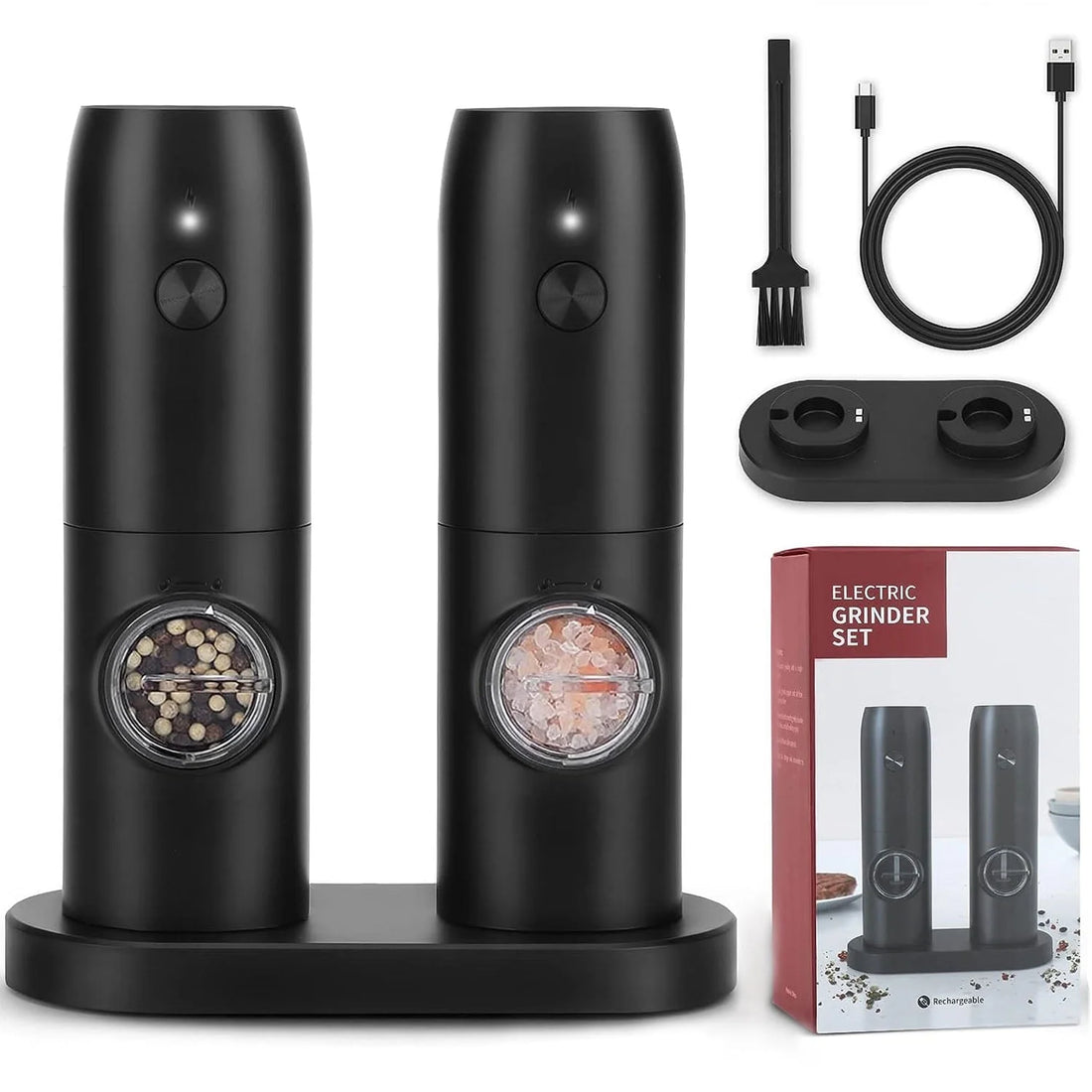 Electric Salt and Pepper Grinder Set – 2-Pack Rechargeable, Adjustable Coarseness, One-Handed Operation with LED Light