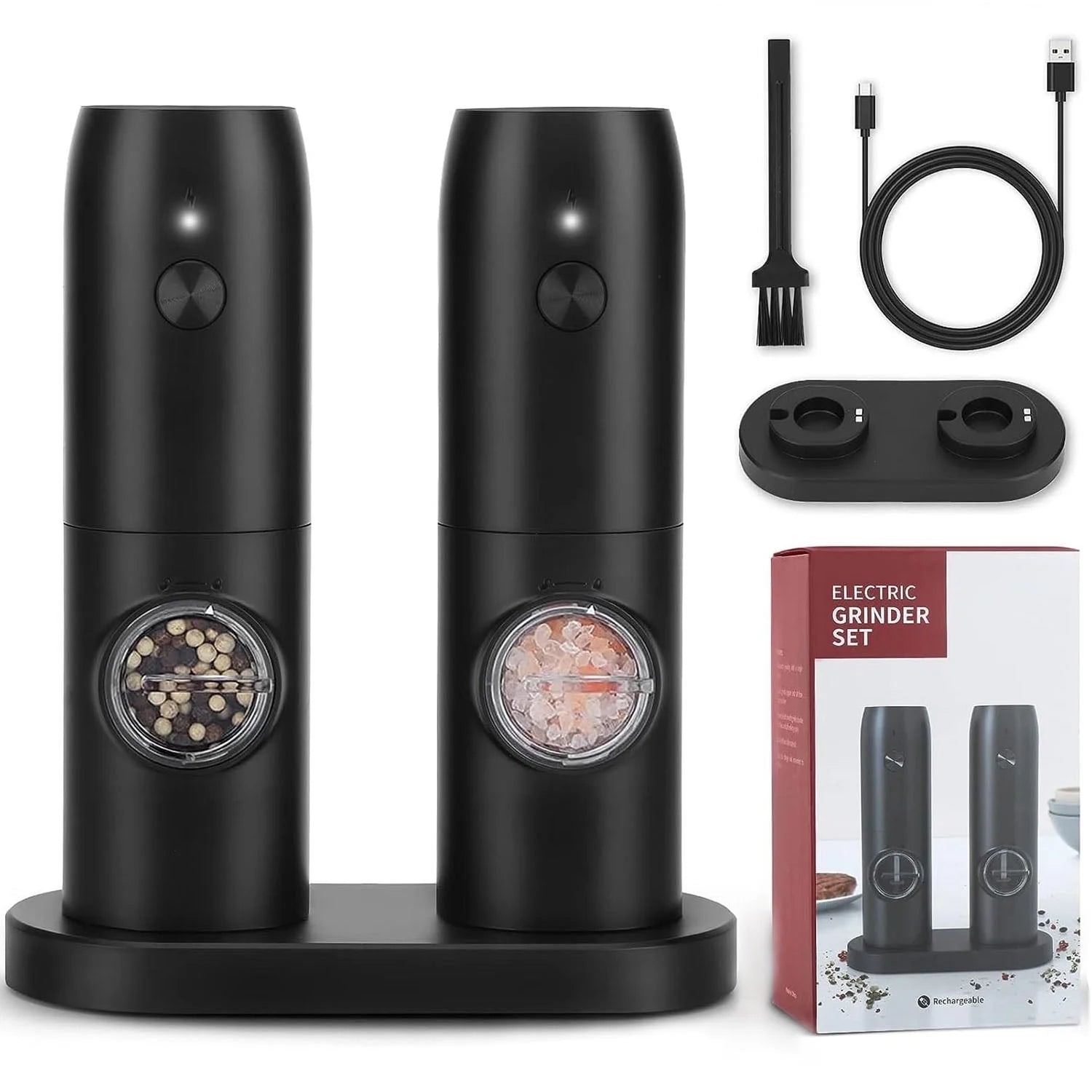 Electric Salt and Pepper Grinder Set – 2-Pack Rechargeable, Adjustable Coarseness, One-Handed Operation with LED Light