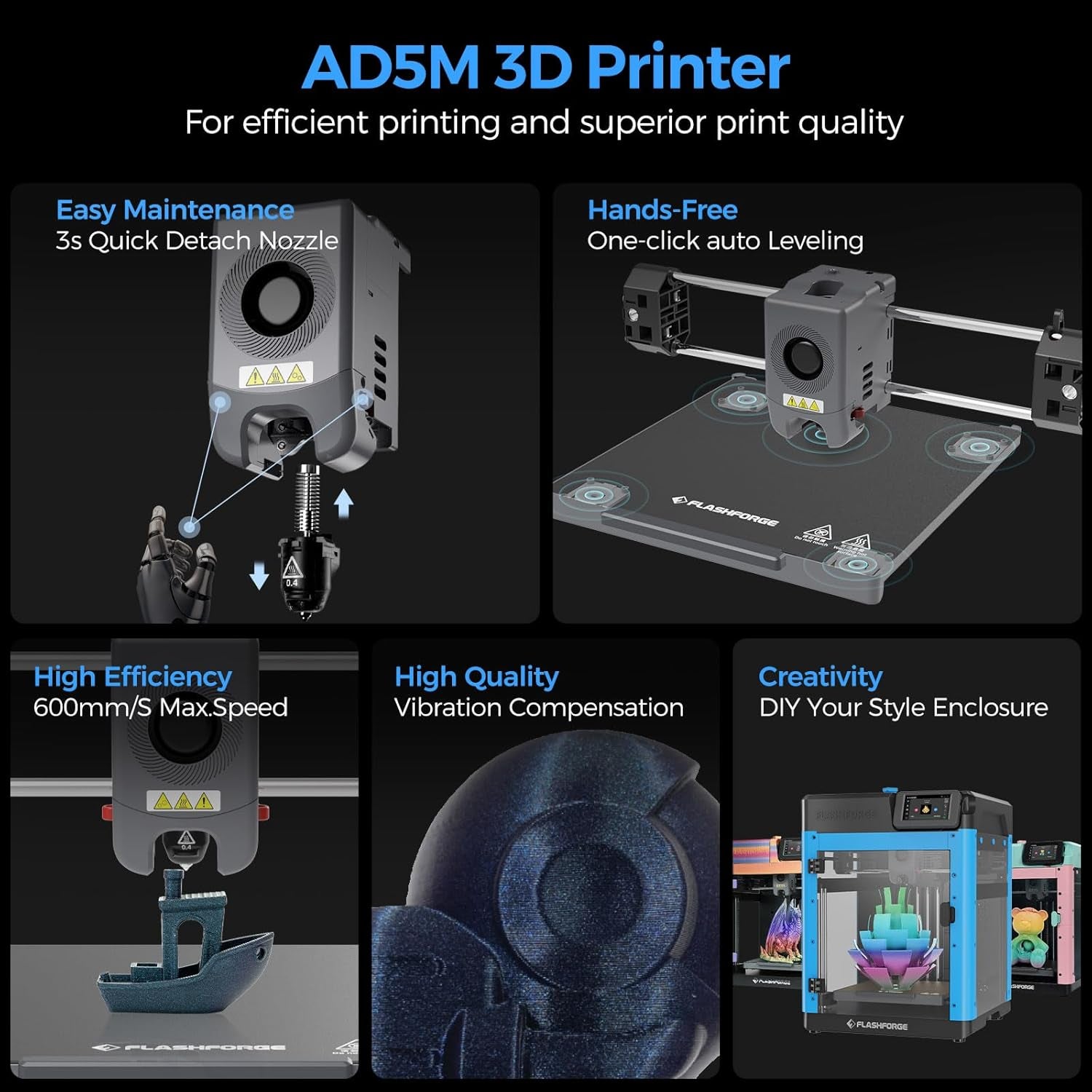 Adventurer 5M 3D Printer – High-Speed 600mm/s Printing, 8.7&quot; x 8.7&quot; x 8.7&quot; Build Volume, Black  2. Short &amp; Powerful: