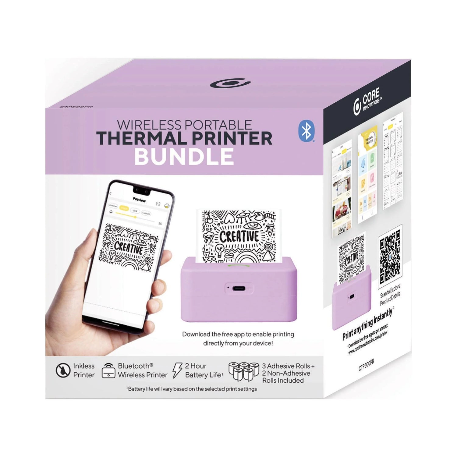 CTP500 Wireless Mini Thermal Printer &amp; Label Maker – Inkless Bluetooth Printer with Paper, Compatible with Android &amp; iOS (Purple)