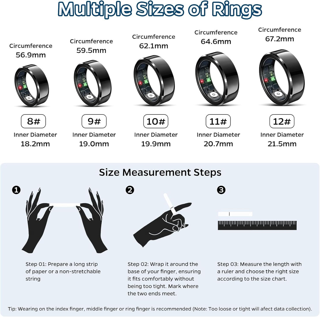 Smart Ring Health Tracker with Heart Rate &amp; Sleep Monitoring – Waterproof Fitness Ring with Air Gestures, Up to 7-Day Battery, Compatible with iOS &amp; Android (Black, Size 