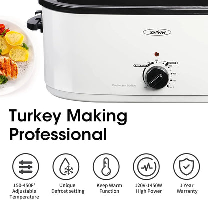 26 Quart Electric Turkey Roaster Oven — Stainless Steel with Visible &amp; Self-Basting Lid, White