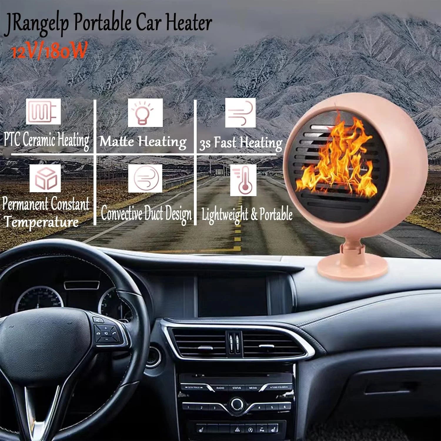2 in 1 Portable Car Heater &amp; Cooler Fan – 180W 12V Mini Car Air Heater and Speed Cooling Fan with 360° Rotation – Pink