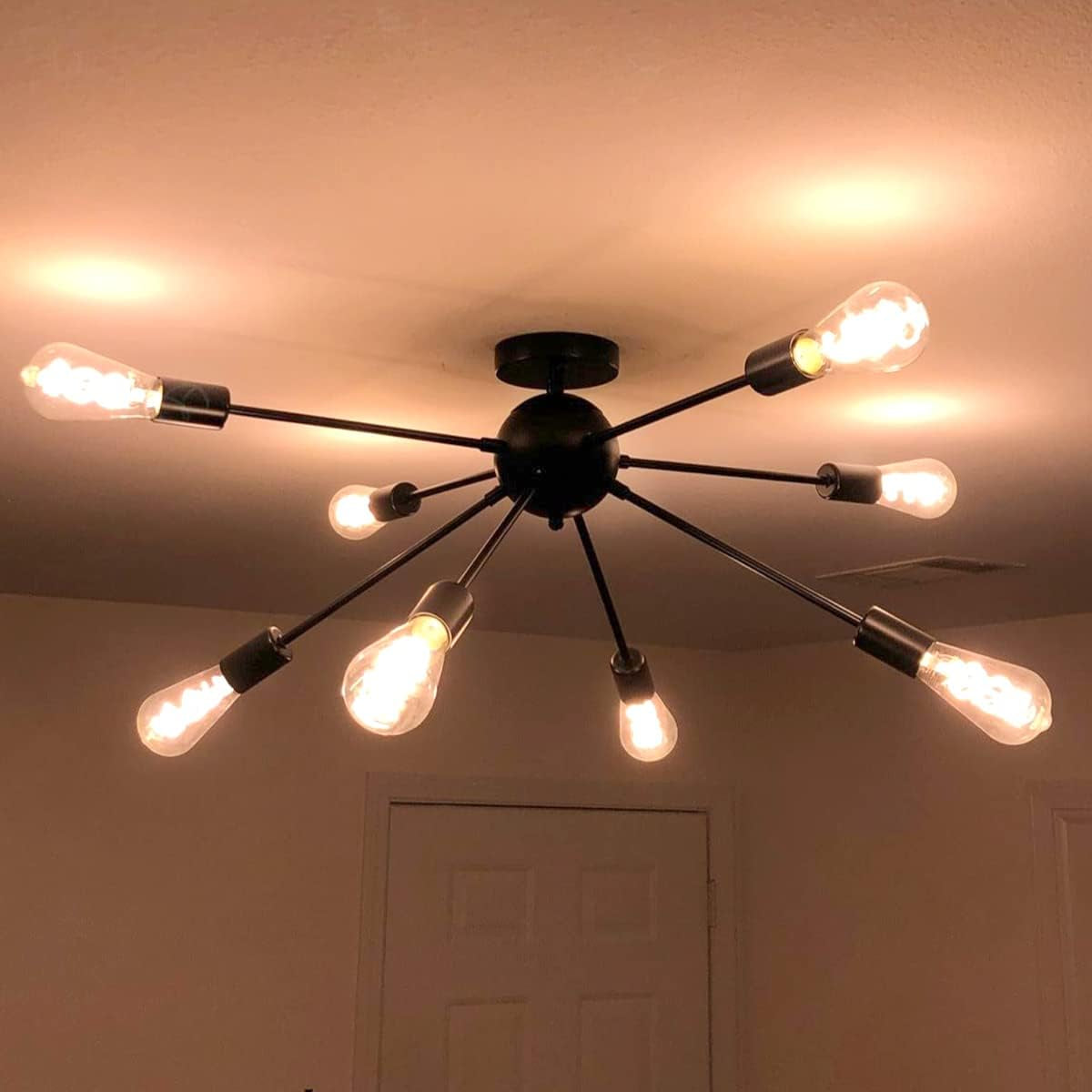 Black 8-Light Semi-Flush Mount Ceiling Light – Sputnik Retro Industrial Chandelier for Kitchen, Living Room, Dining Room, Bedroom &amp; Hallway