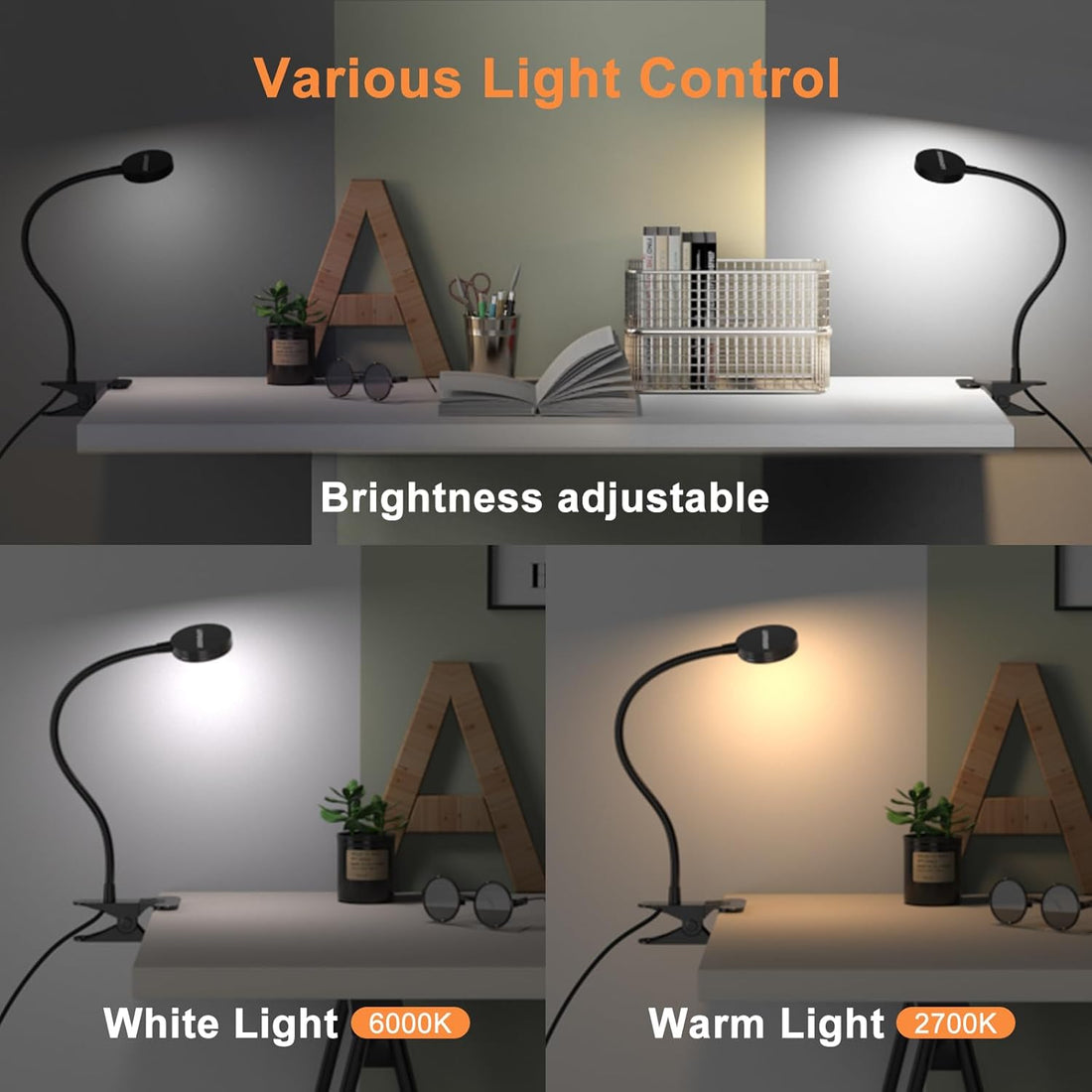 Clip-On Color-Changing LED Light – Reading, Book, Desk &amp; Night Lamp with Adapter, Black