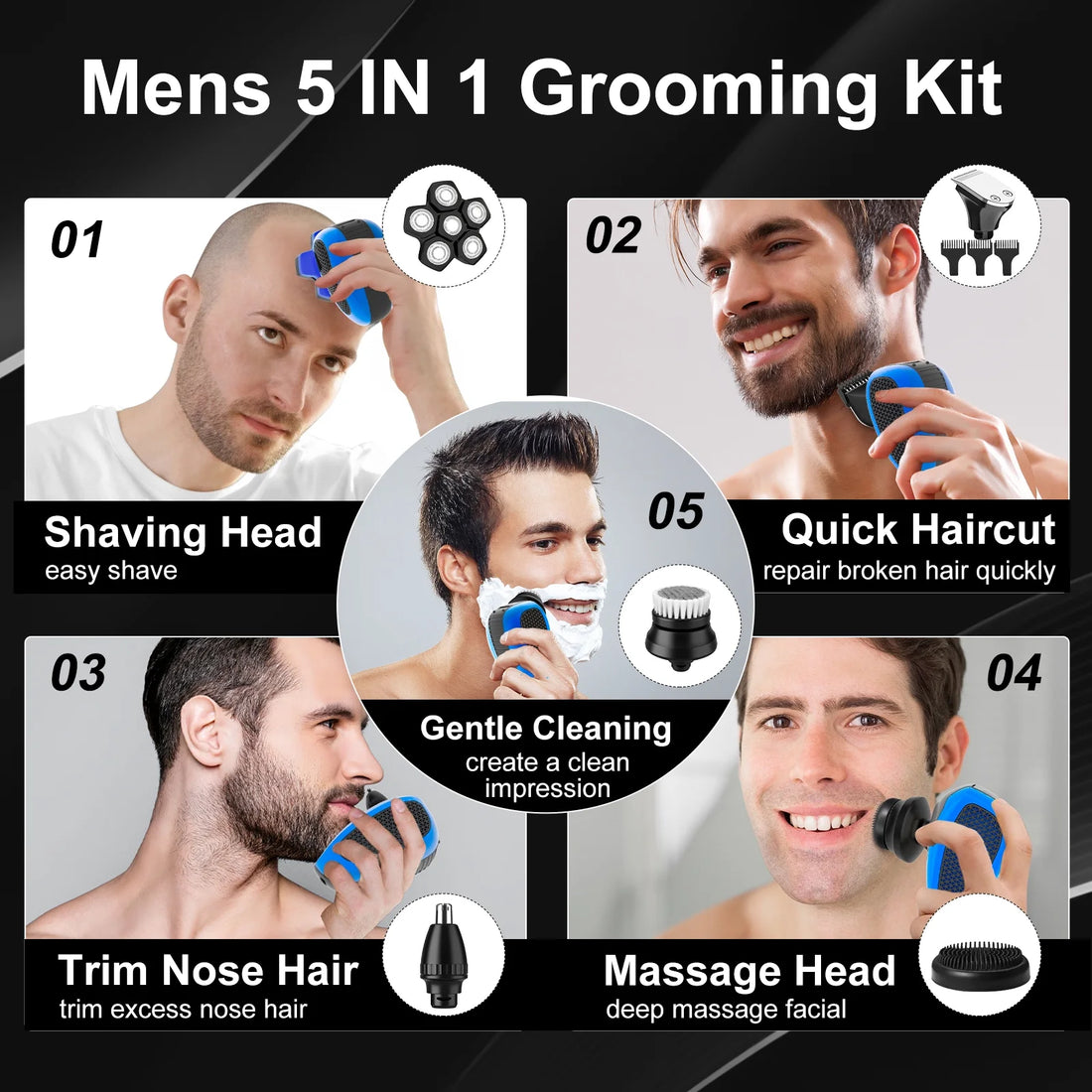 6D Head Shaver for Bald Men – Anti-Pinch Electric Razor, 5-in-1 Waterproof &amp; Rechargeable Grooming Kit for Men