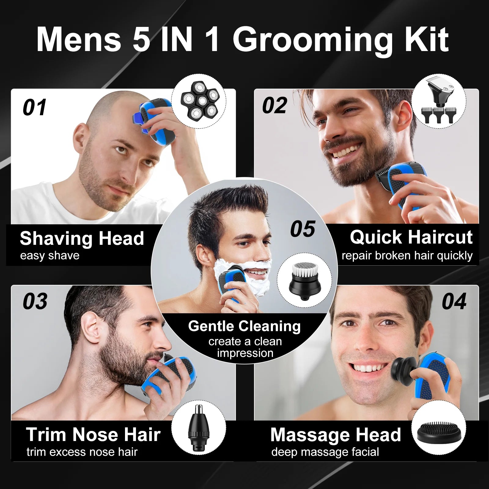6D Head Shaver for Bald Men – Anti-Pinch Electric Razor, 5-in-1 Waterproof &amp; Rechargeable Grooming Kit for Men