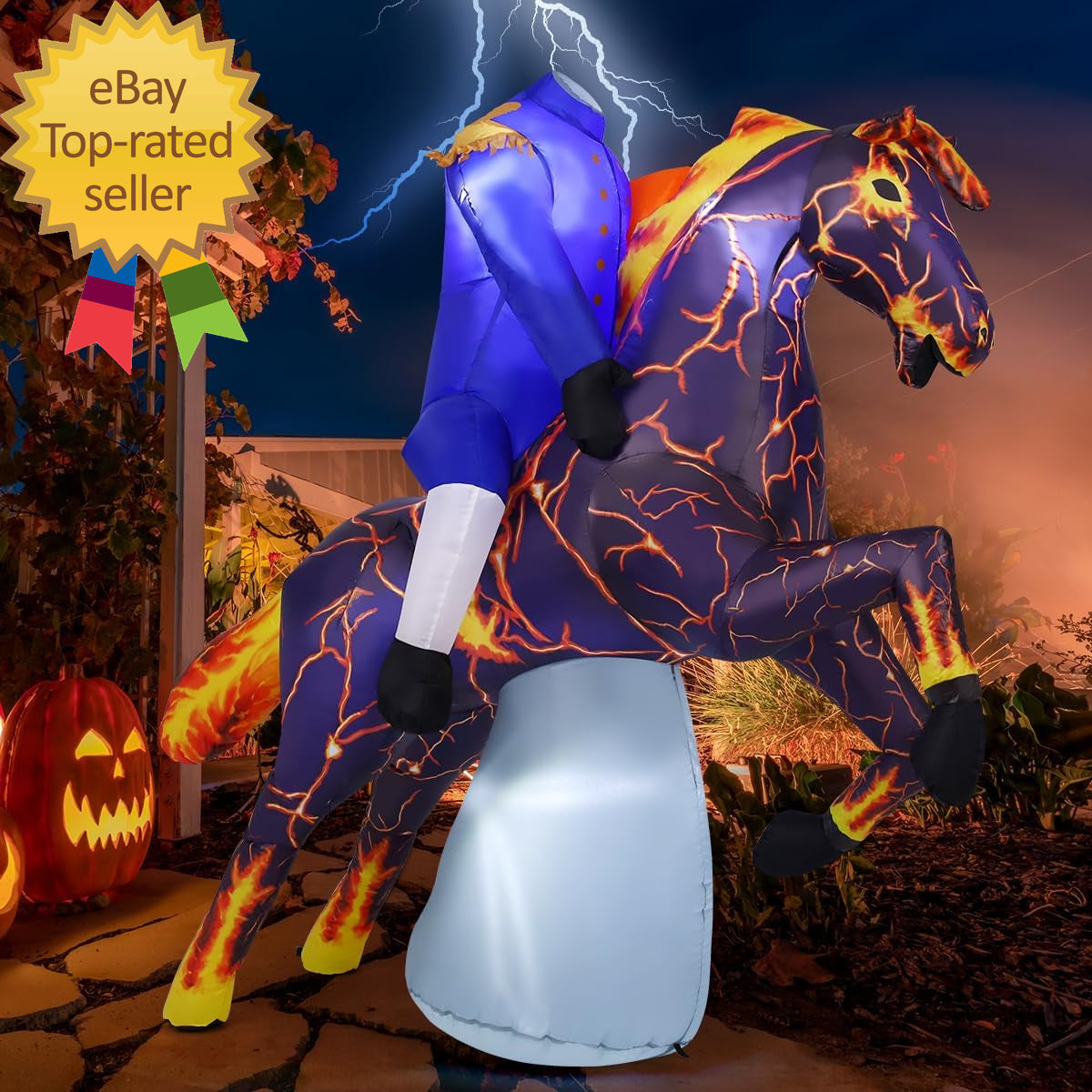 🎃💨 6FT Long Halloween Inflatable Headless Horseman – Spooky Outdoor Blow-Up Decoration with LED Lights for Yard, Lawn, or Garden Display